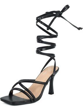 Women's Black Tie up Stiletto Heels Square Open Toe Sandals for Wedding Heels